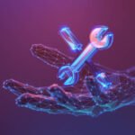 Renovation Repair concept. Tools 3d icon on the abstract human hand made with atom array and plexus effect. Neon lighting, selective focus