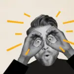 Collage image of speechless shocked black white effect guy arms fingers binoculars look watch isolated on beige background.