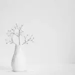 White vase and flowers on white background with copy space