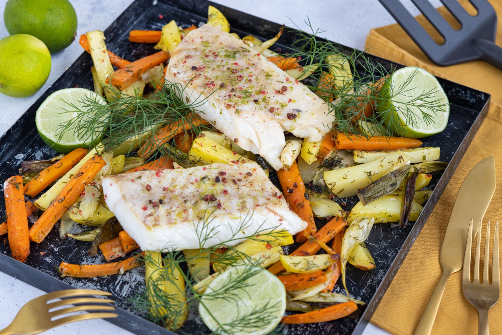 Pescado al horno con limón, vegetales y finas hierbas 